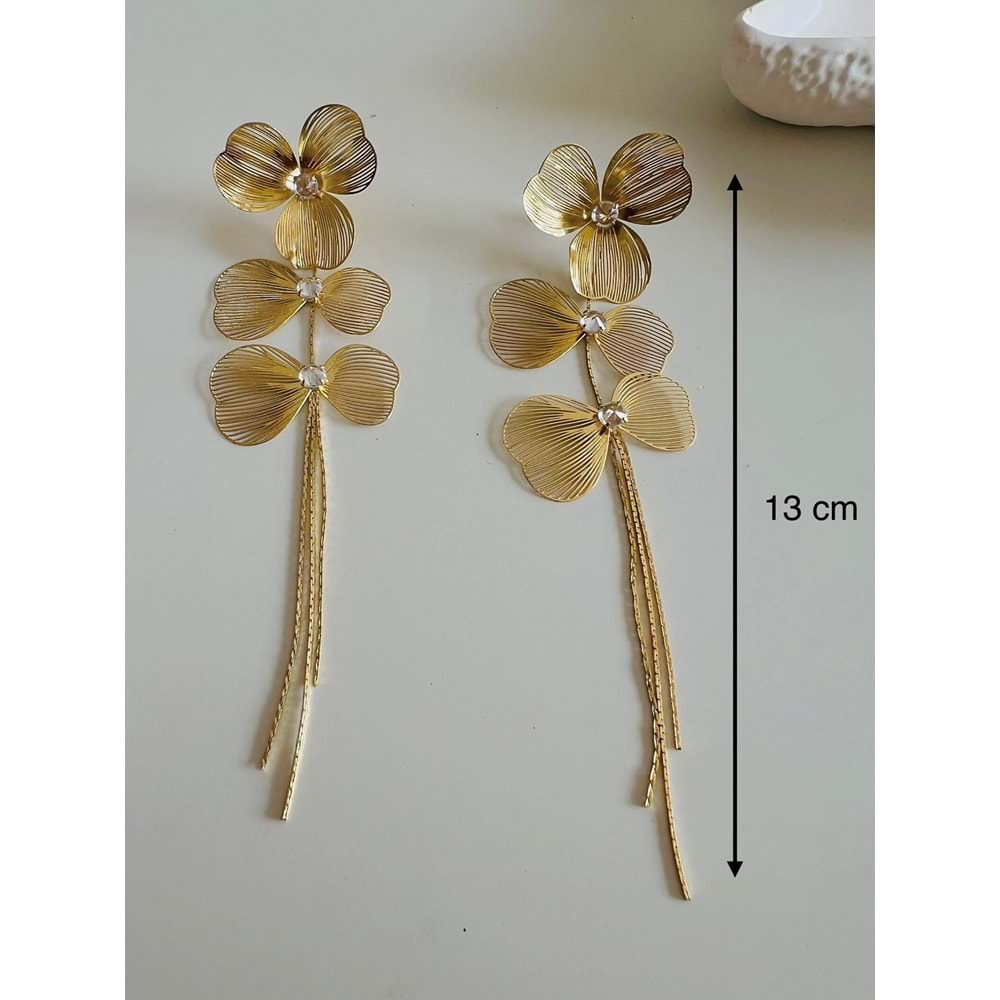 ÜÇLÜ SALLANTILI ÇİÇEK KÜPE-GOLD RENK ACR7306