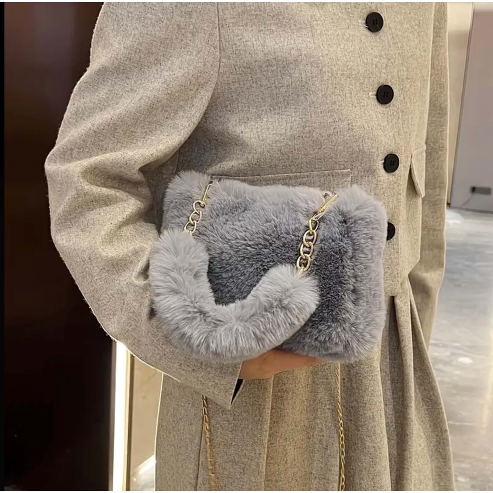 PELUŞ MİNİ, ÇAPRAZ, ÇIKARILABİLİR ASKILI, OMUZ-KOLTUK-EL ÇANTASI GRİ RENK ACR7410