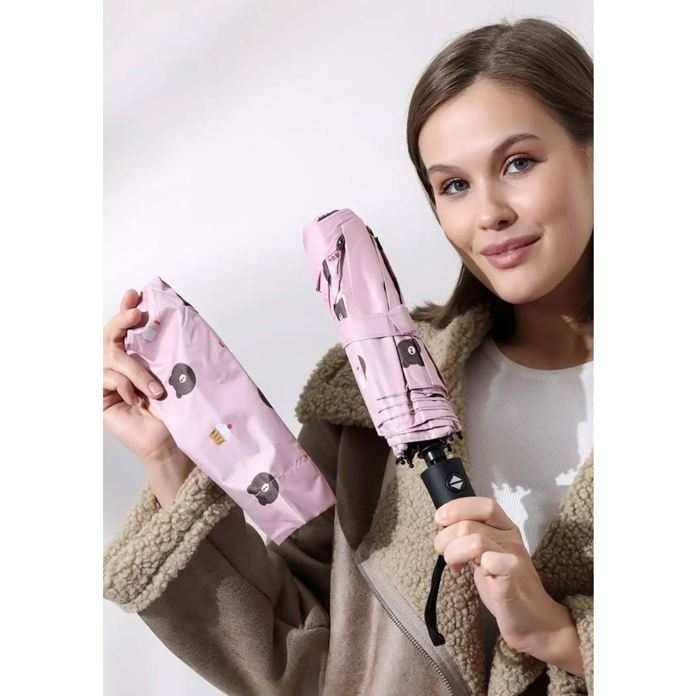 PEMBE RENK AYICIKLI 8 TELLİ, OTOMATİK AÇMA KAPAMA KILIFLI ŞEMSİYE ACR7502