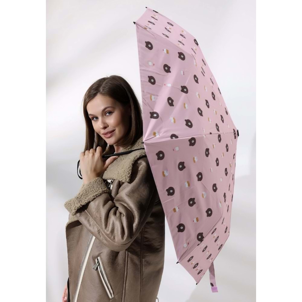 PEMBE RENK AYICIKLI 8 TELLİ, OTOMATİK AÇMA KAPAMA KILIFLI ŞEMSİYE ACR7502