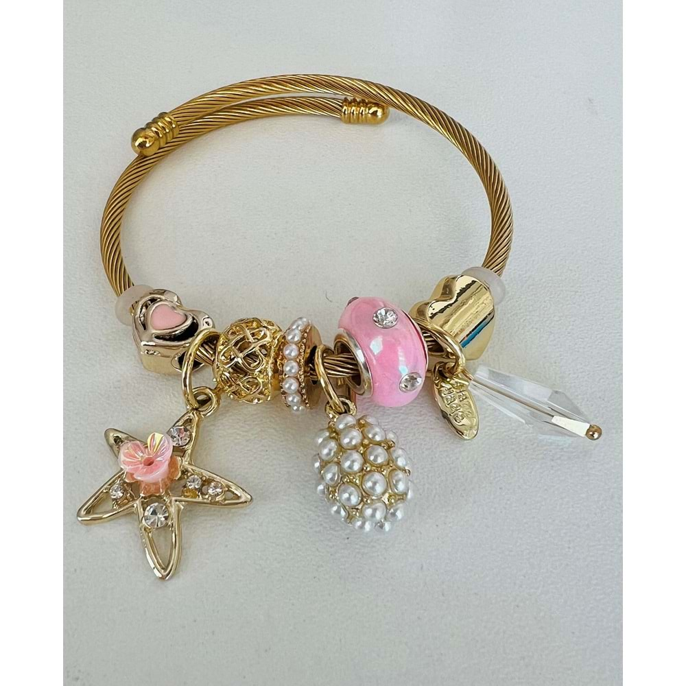 GOLD RENK PEMBE TAŞLI-İNCİLİ-YILDIZ CHARM BİLEKLİK ACR7812