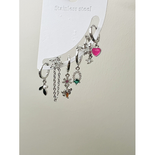 ÇELİK 6'LI PEMBE KALPLİ,KELEBEKLİ, YILDIZLI KÜPE SETİ-GÜMÜŞ RENK ACR9018