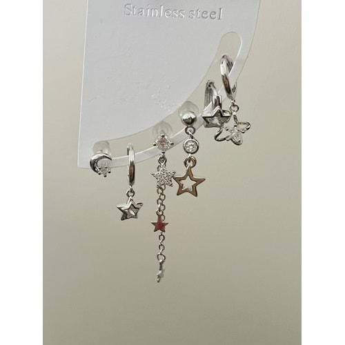 ÇELİK 6'LI YILDIZLI KÜPE SETİ-GÜMÜŞ RENK ACR9027