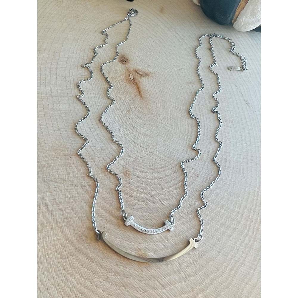 GÜMÜŞ RENK İKİLİ ÇELİK KOLYE 38+6 CM ACR9558