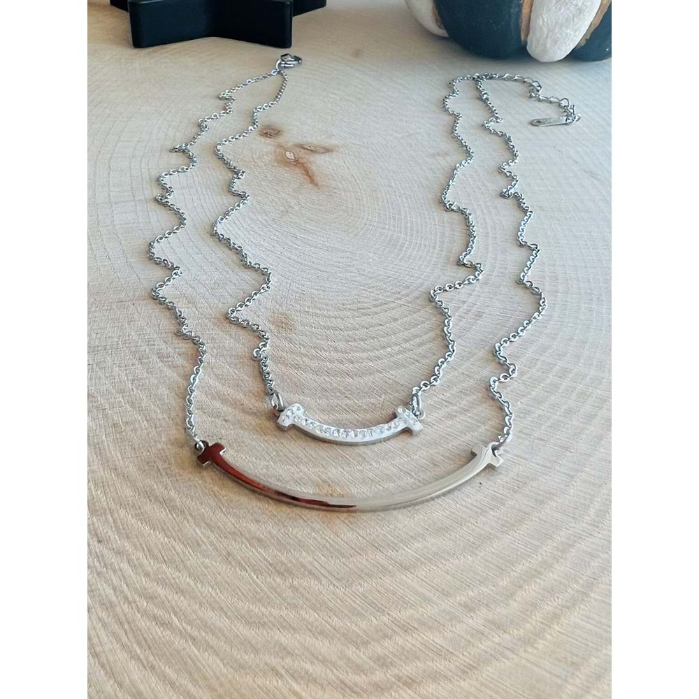 GÜMÜŞ RENK İKİLİ ÇELİK KOLYE 38+6 CM ACR9558