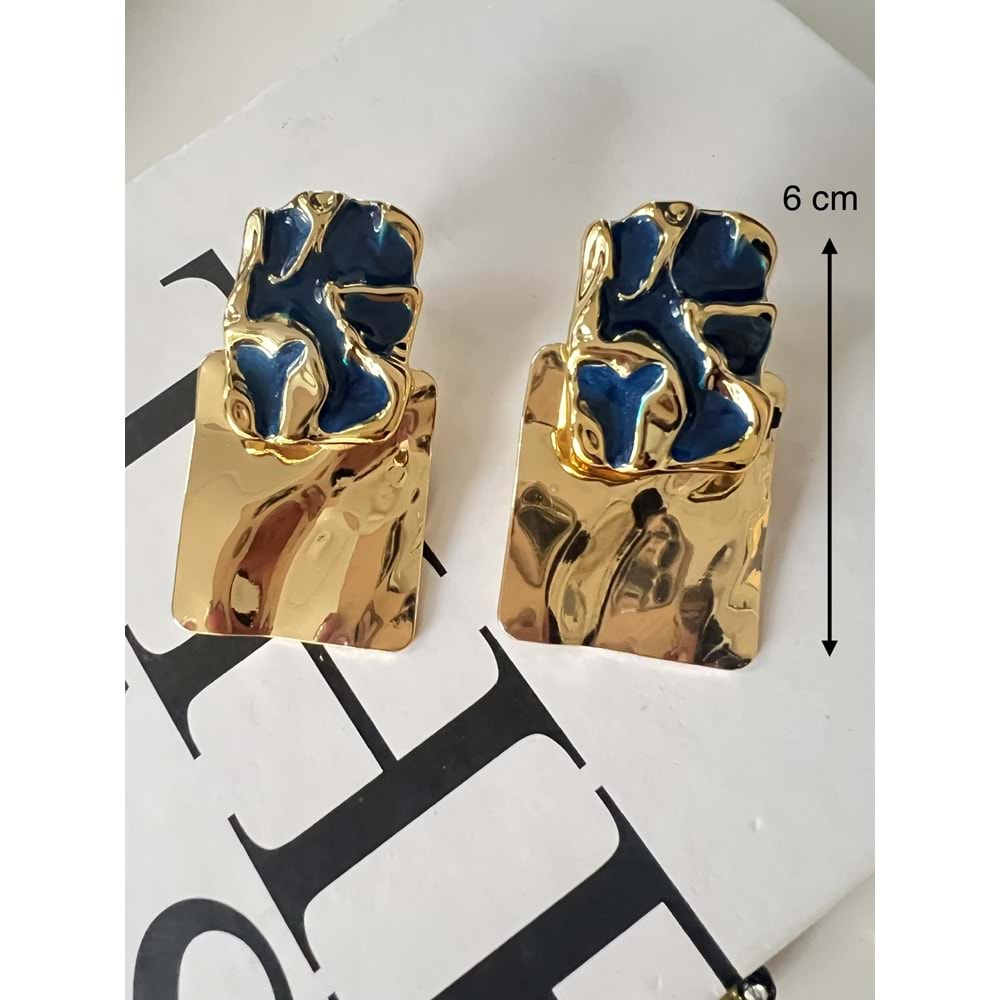 ZR MODEL LACİVERT DETAYLI, METAL DOKULU, DÖRTGEN VİNTAGE KÜPE ACR9634
