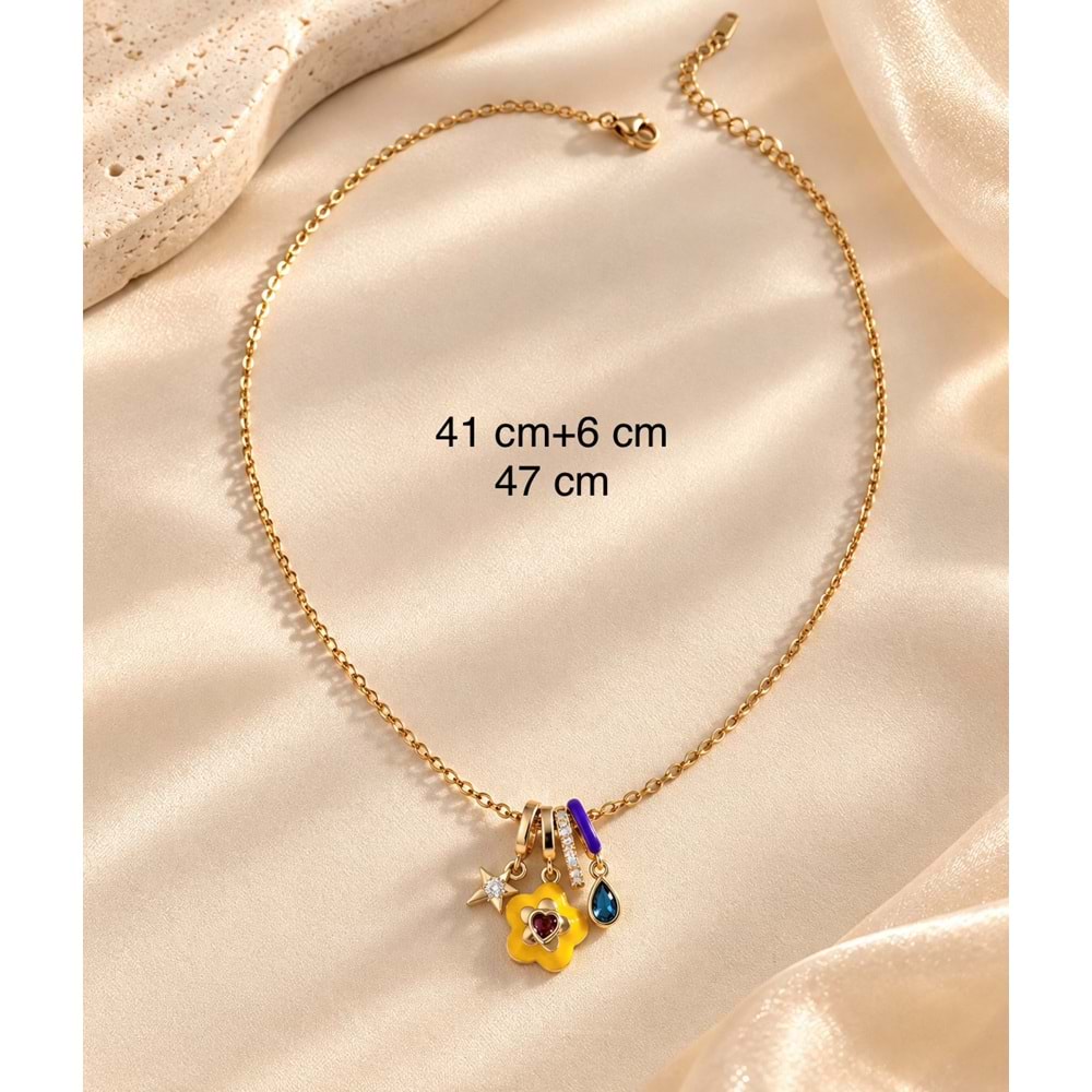 PAPATYA, YILDIZ, DAMLA TAŞ CHARMLI ÇELİK KOLYE 41+6CM ACR9688