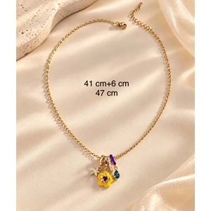 PAPATYA, YILDIZ, DAMLA TAŞ CHARMLI ÇELİK KOLYE 41+6CM ACR9688