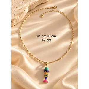 RENKLİ MİNELİ BALIK FİGÜRLÜ ÇELİK KOLYE 41+6CM ACR9689