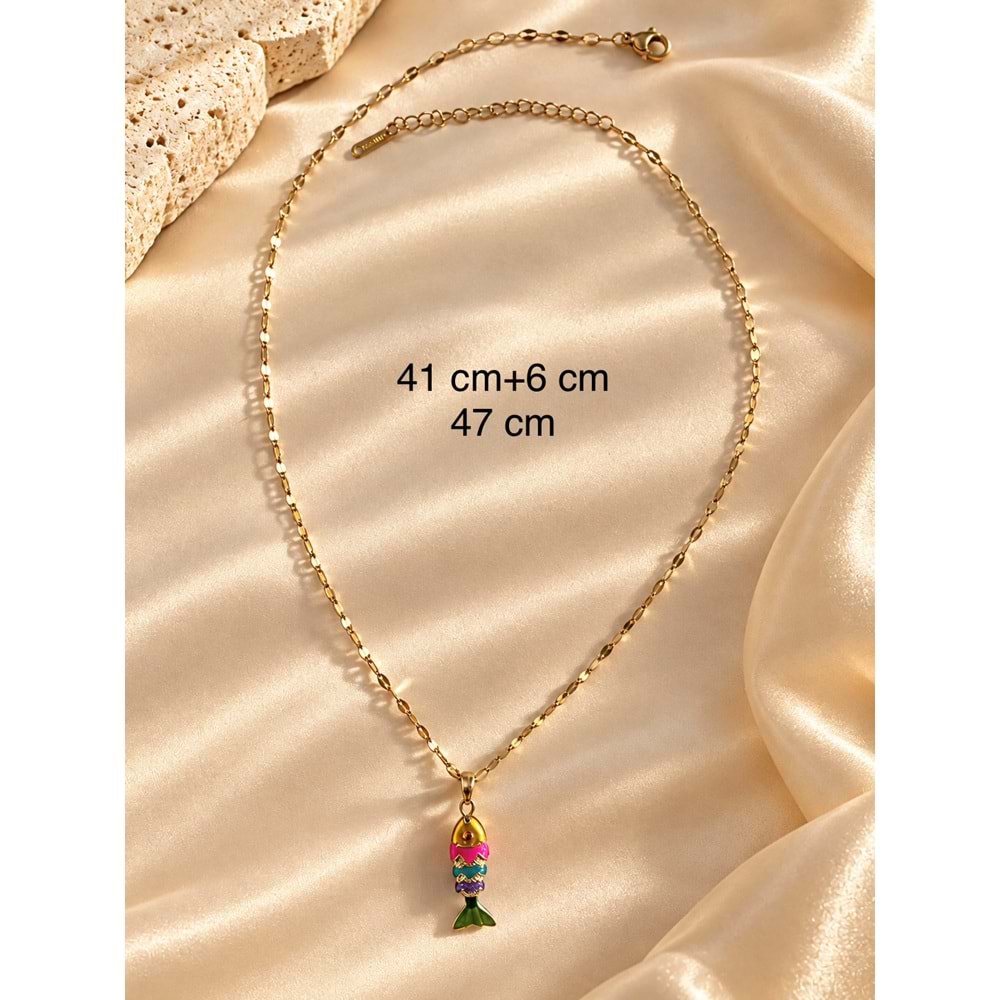 RENKLİ MİNELİ BALIK FİGÜRLÜ ÇELİK KOLYE 41+6CM ACR9690