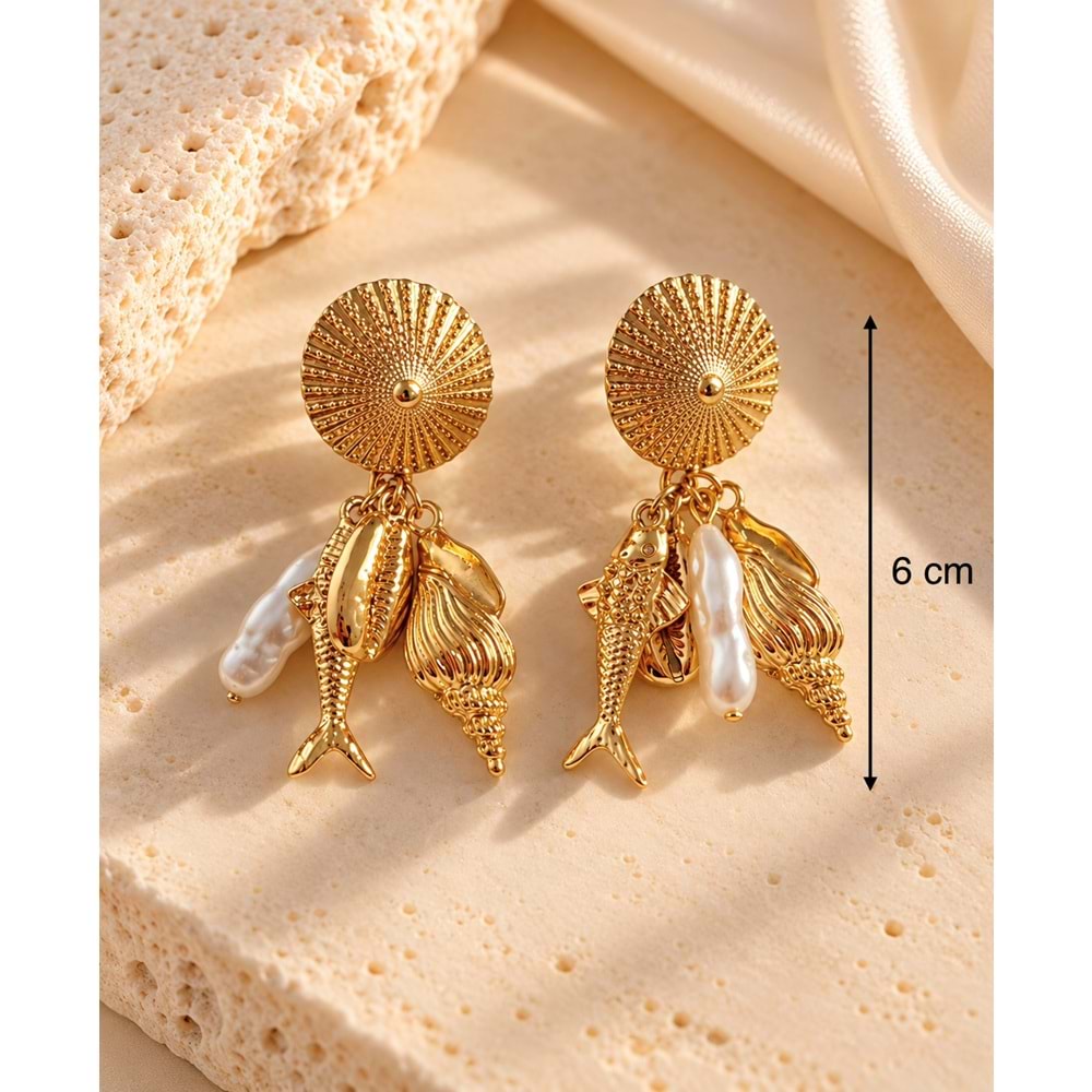 GOLD RENK DENİZ KABUKLU İNCİ DETAYLI KÜPE ACR9713