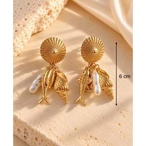 GOLD RENK DENİZ KABUKLU İNCİ DETAYLI KÜPE ACR9713