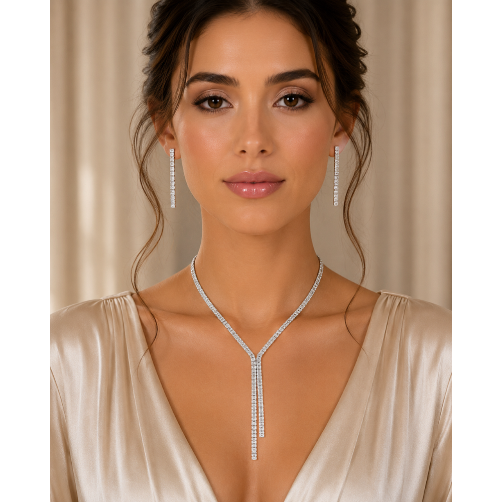 BAGET TAŞLI, GÜMÜŞ RENK Y MODEL, KOLYE VE KÜPE SETİ ACR9834