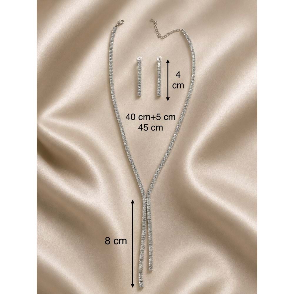 BAGET TAŞLI, GÜMÜŞ RENK Y MODEL, KOLYE VE KÜPE SETİ ACR9834