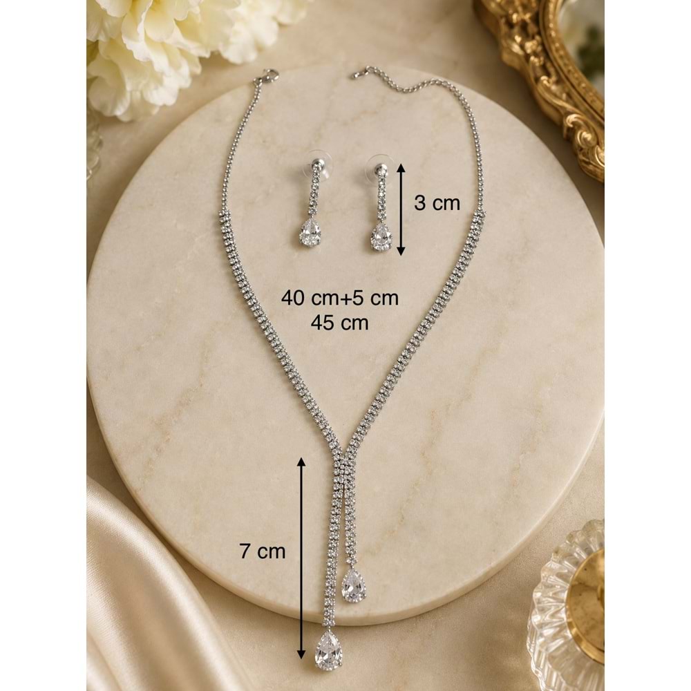 DAMLA TAŞLI, GÜMÜŞ RENK SUYOLU KOLYE VE KÜPE SETİ ACR9836
