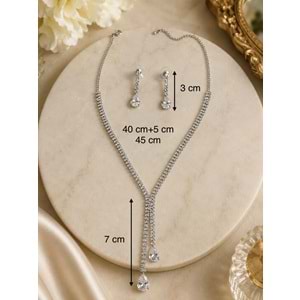 DAMLA TAŞLI, GÜMÜŞ RENK SUYOLU KOLYE VE KÜPE SETİ ACR9836