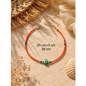 YEŞİL NAZAR TAŞLI, TURUNCU BONCUKLU HALHAL 23+3CM ACR9860