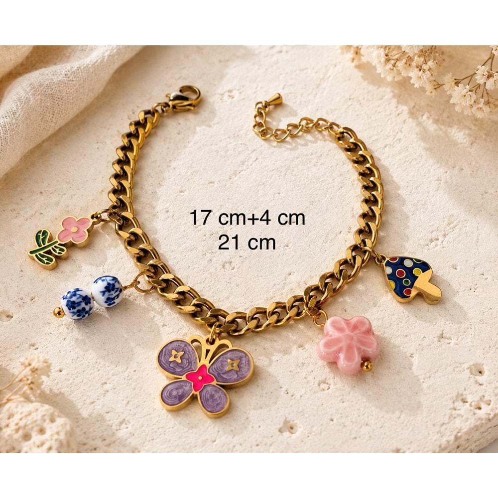 MOR KELEBEKLİ, CHARMLI ÇELİK BİLEKLİK 17+4CM ACR9907