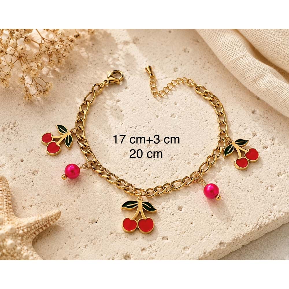 KİRAZ CHARMLI ÇELİK BİLEKLİK 17+3CM ACR9909