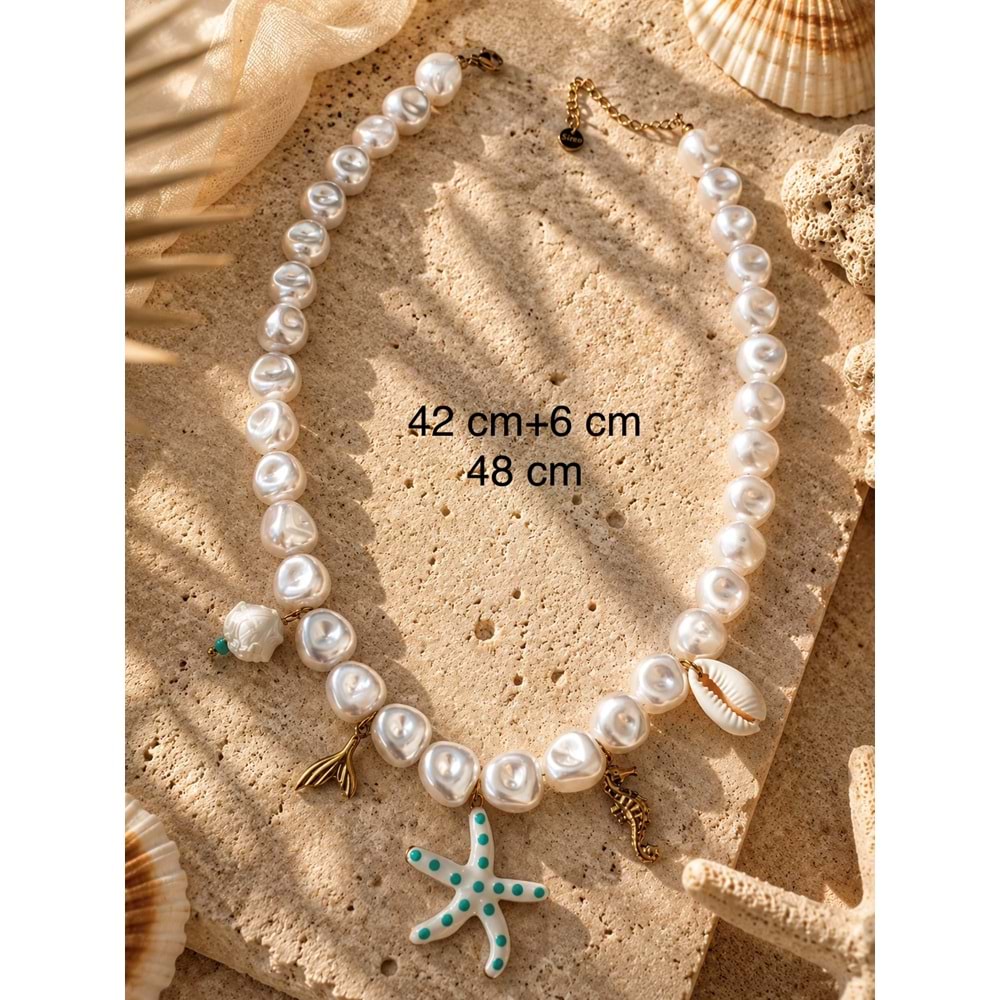 DENİZ YILDIZI CHARMLI, İNCİLİ ÇELİK KOLYE 42+6CM ACR9915